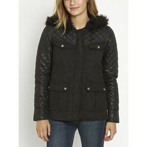 Volcom Women’s Jacket XS Black Quilted Faux Fur Hood Wool Blend Coat